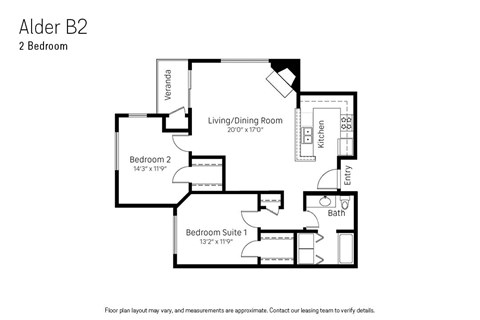 Floor plan for 2 beds, 1 bath, 941 sqft